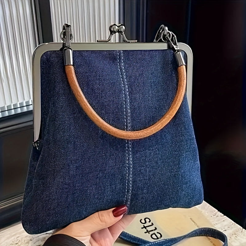 Cavelle | Denim & Leather Frame-Top Handbag