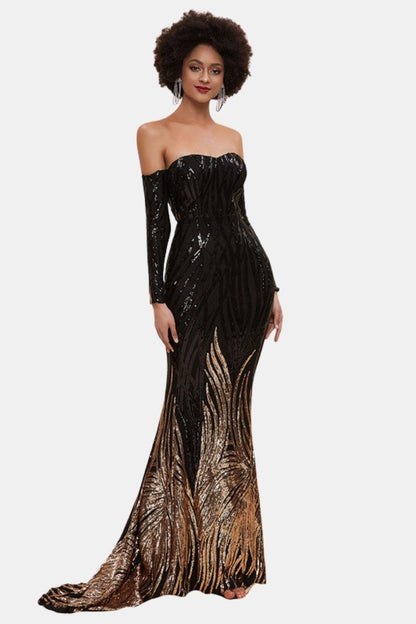 Corvina | Off-Shoulder Black & Gold Sequin Mermaid Evening Dress