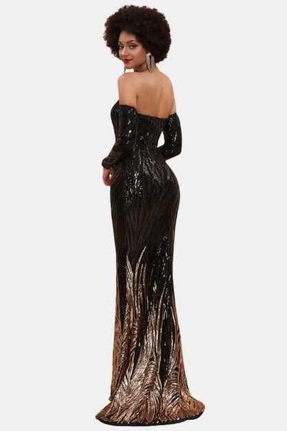 Corvina | Off-Shoulder Black & Gold Sequin Mermaid Evening Dress