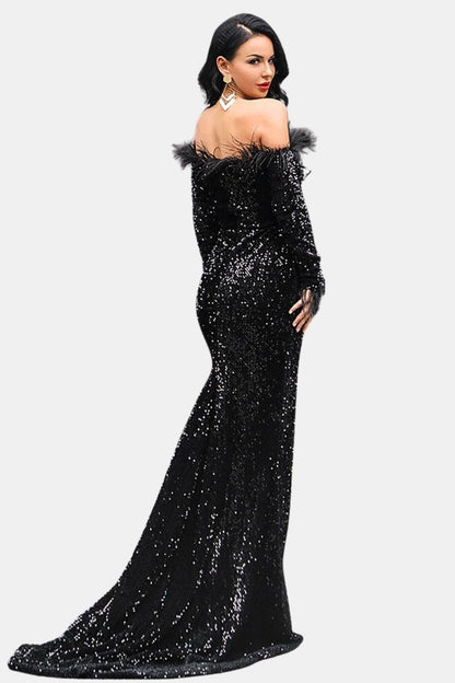 Valerienne | Off-Shoulder Feather Sequin Mermaid Evening Dress