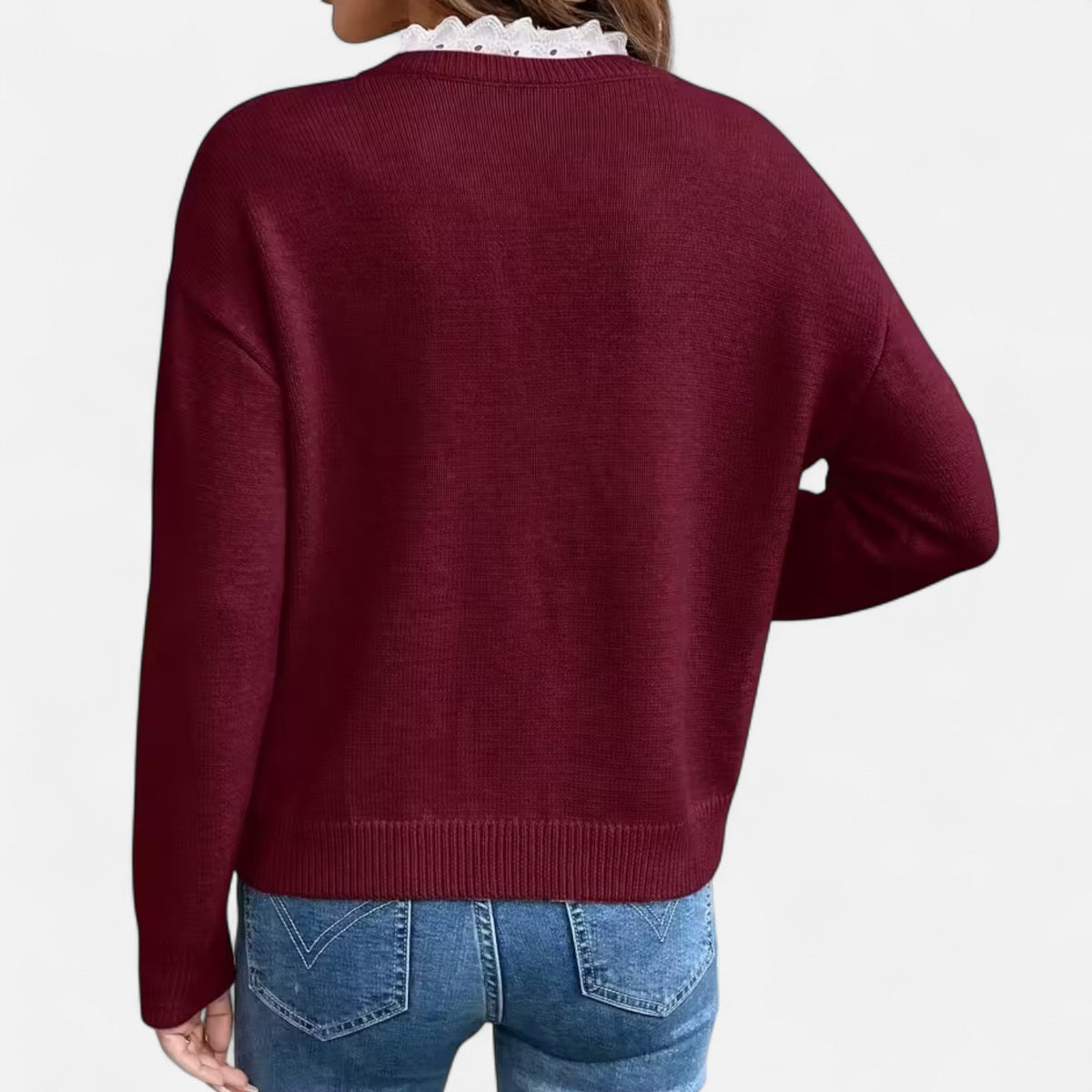 Quenara | Women’s Lace-Trim V-Neck Knit Sweater